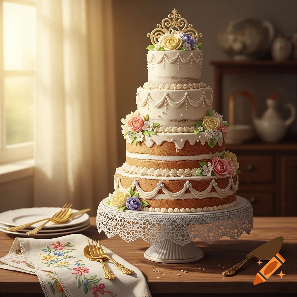 A beautiful multi-tiered naked cake with white frosting, colorful floral decorations, and a golden crown, set on a table with plates and cutlery.