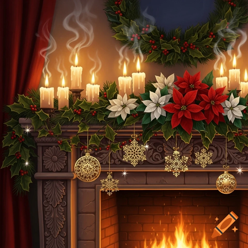 A warmly lit Christmas fireplace mantel with candles, holly, red and white poinsettias, golden ornaments, and a festive wreath.