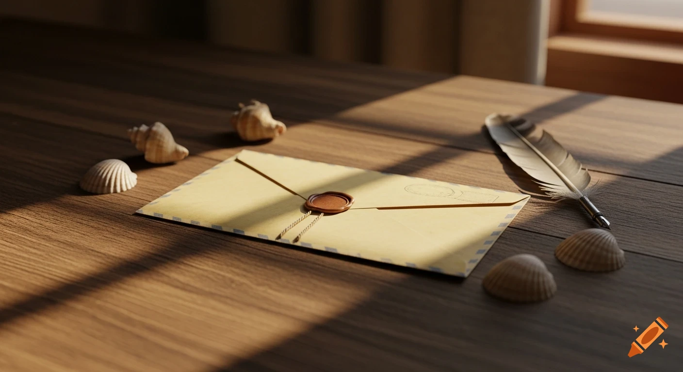 A wax-sealed old envelope, feather quill, and seashells on a sunlit wooden desk, creating a vintage, mysterious atmosphere.