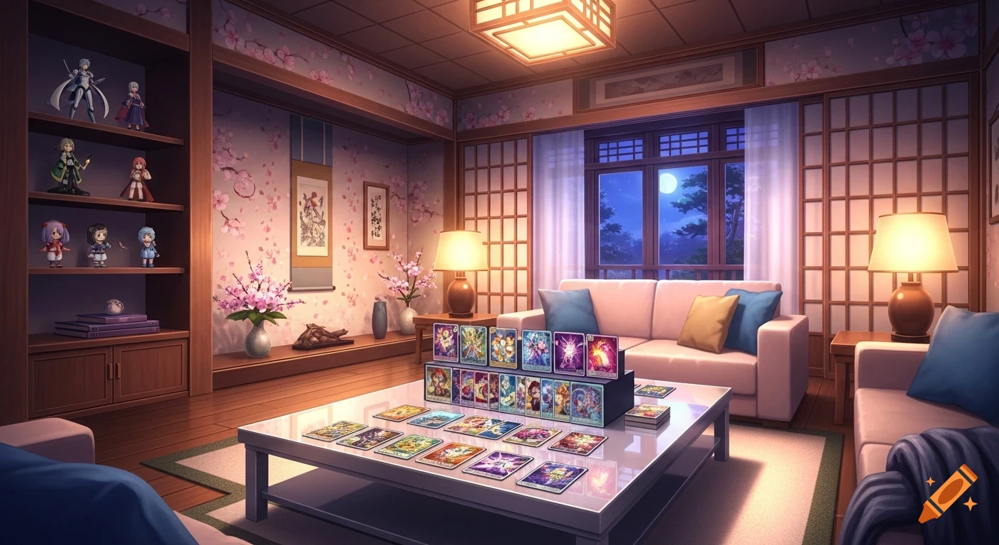 Anime style living room with collectible figures, trading cards on a coffee table, and a moonlit window.
