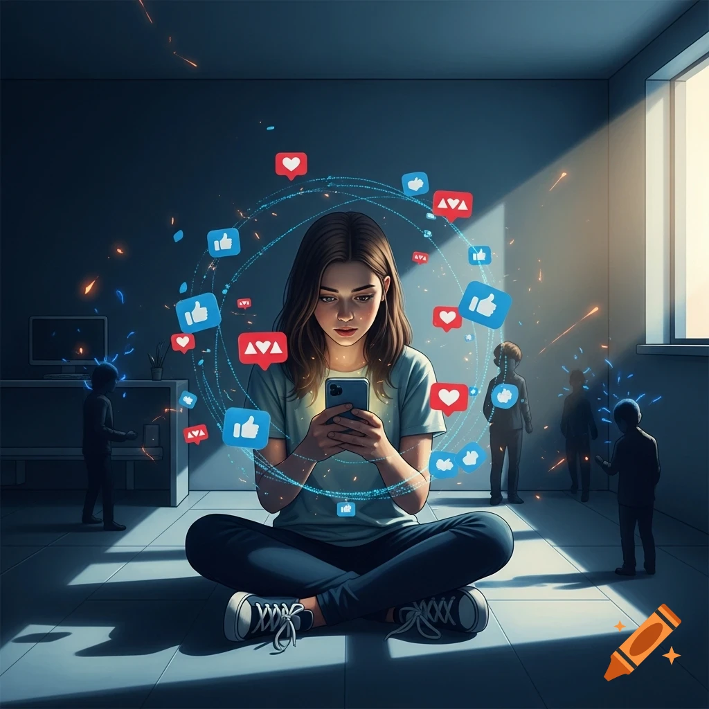 A young woman sits cross-legged, engrossed in her smartphone, surrounded by glowing social media icons in a dark room.