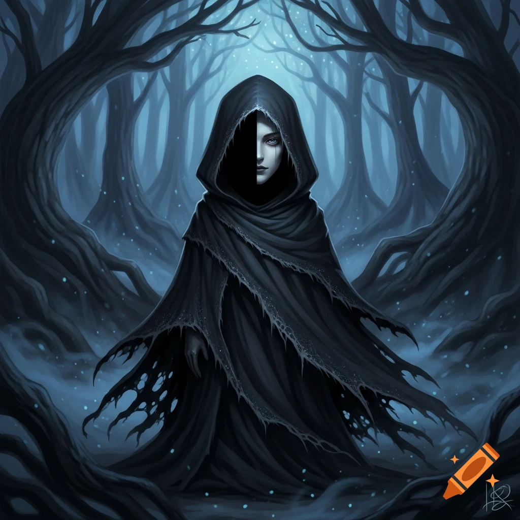 A hooded figure in a dark, tattered cloak stands in an eerie, twisting forest, with one side of their pale, doll-like face shrouded in shadow.