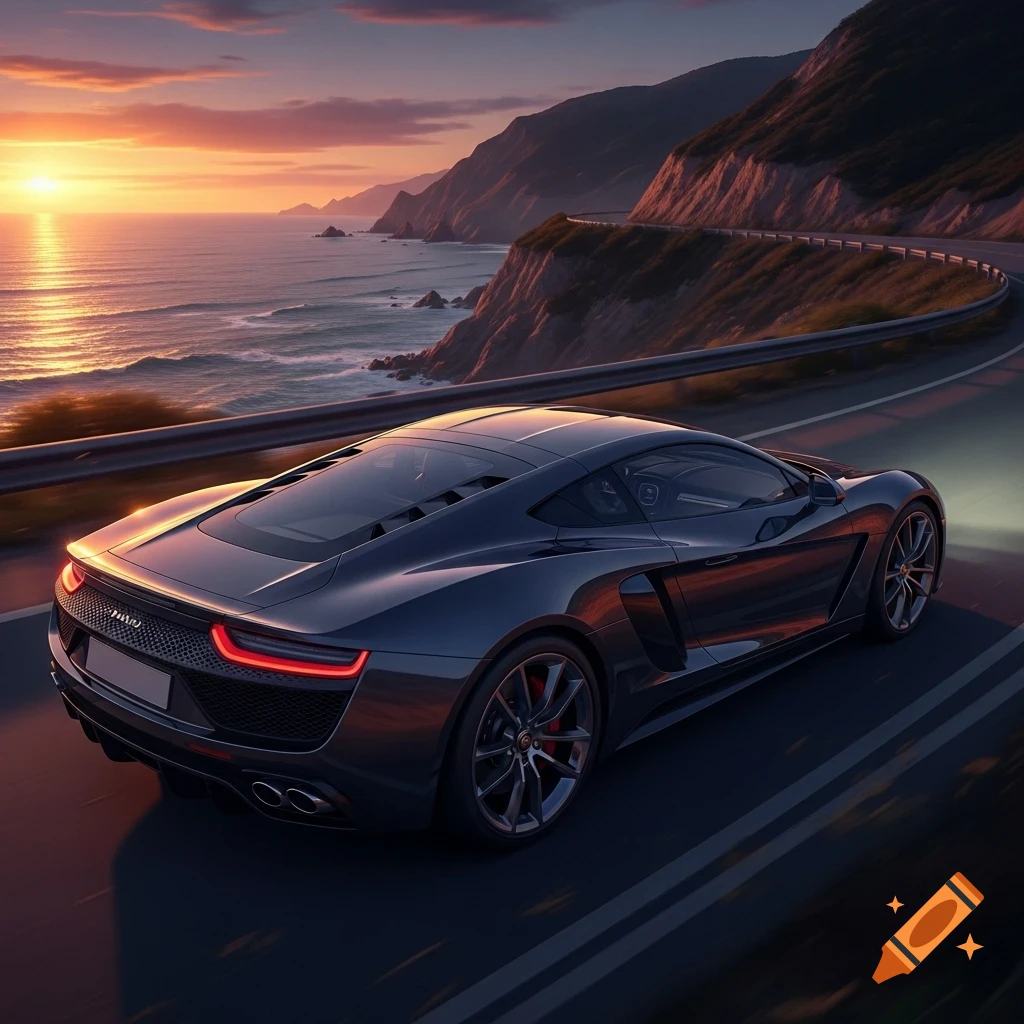 Dark sports car driving on a winding coastal road at sunset, with ...