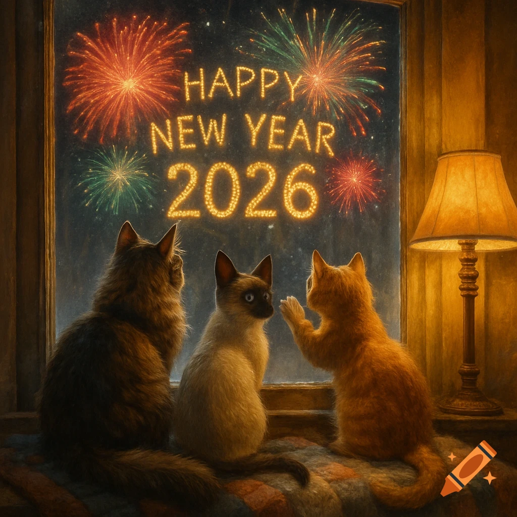 Three cats on a windowsill watch fireworks that spell "Happy New Year 2026" outside a window, with an interior lamp lit.