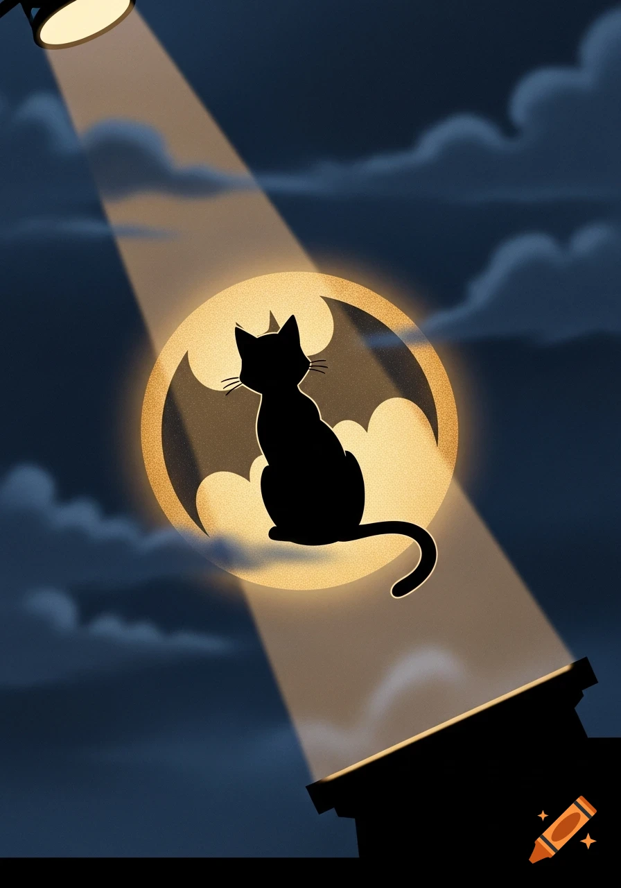 A black cat silhouette sits in a glowing golden bat-signal spotlight against a cloudy dark blue night sky, in a vintage animation style.