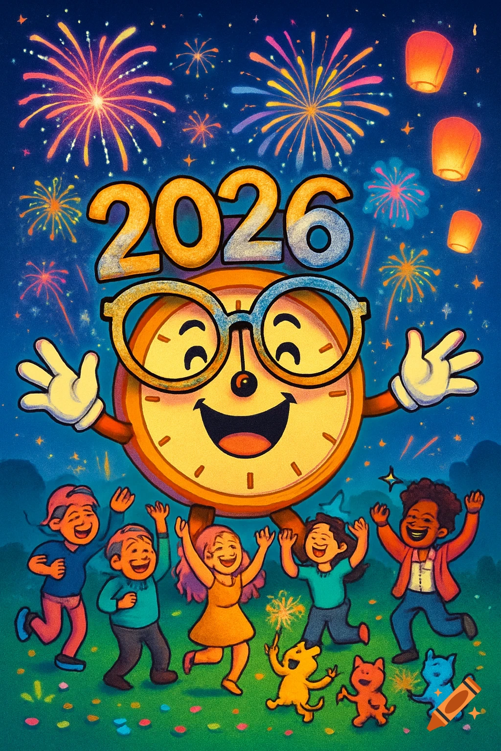 A festive cartoon New Year's greeting with a smiling clock character wearing glasses, '2026', happy children, and colorful fireworks.
