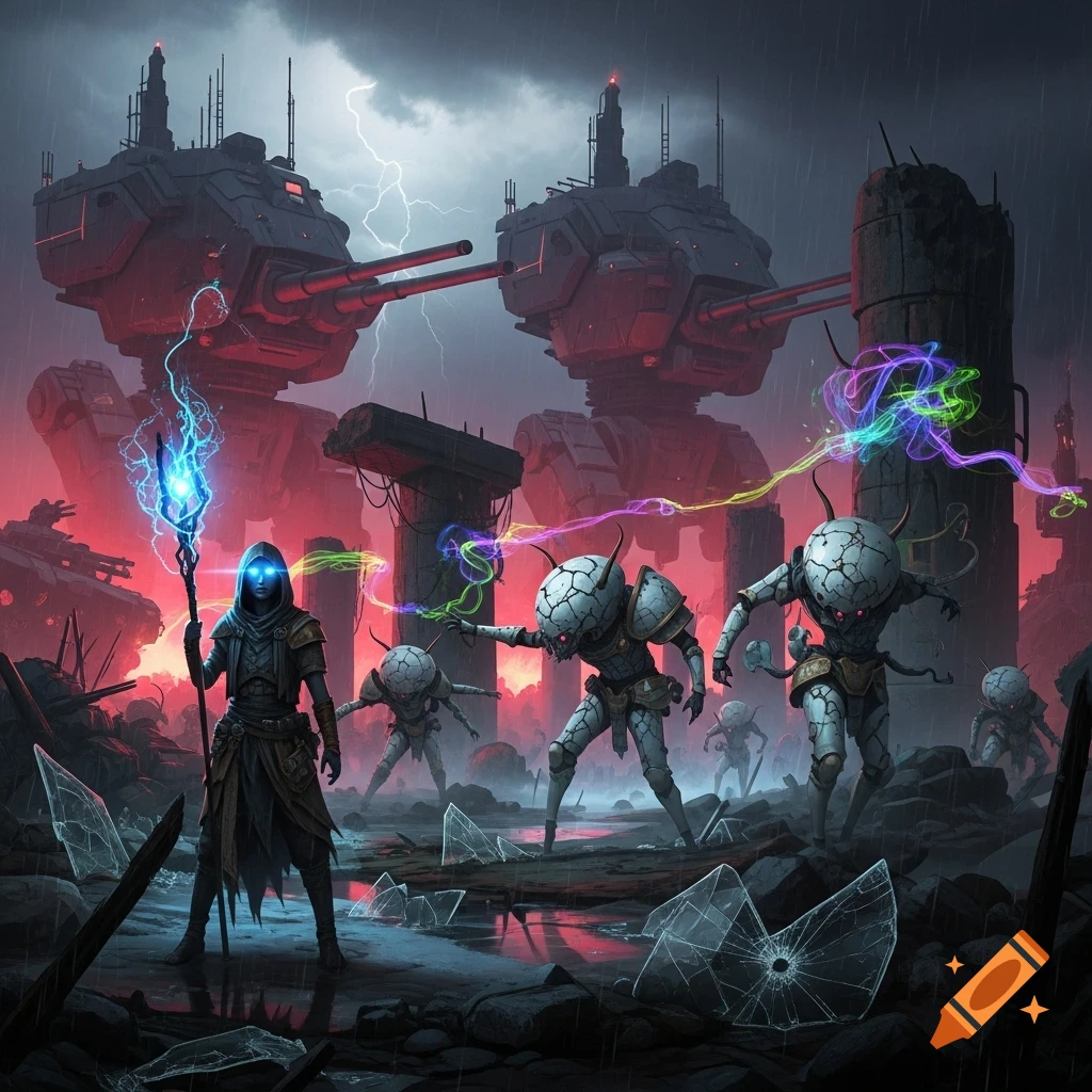 A hooded magic-user with a glowing staff battles alien creatures on a stormy, ruined landscape with giant war machines.