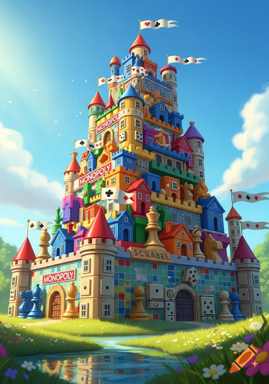 A whimsical, colorful castle made entirely of giant board game pieces, including Monopoly houses, chess pieces, dice, and dominoes, set in a vibrant grassy landscape under a blue sky.