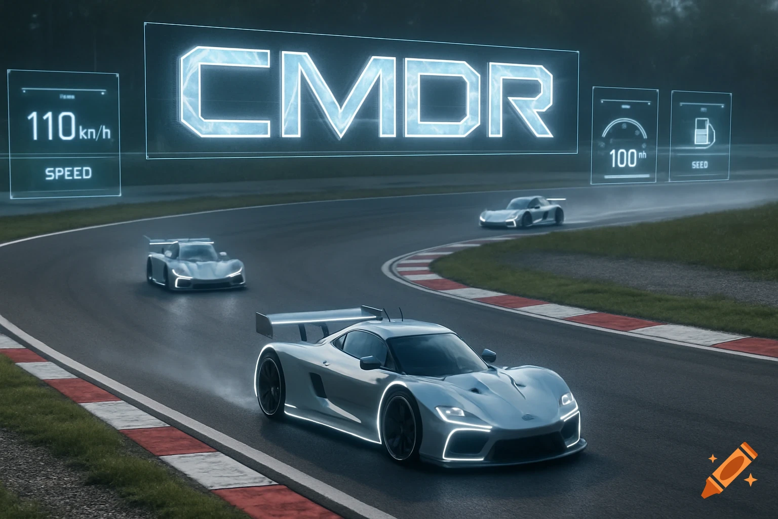 Three futuristic racing cars on a track with glowing LED accents, accompanied by holographic speed and data displays.