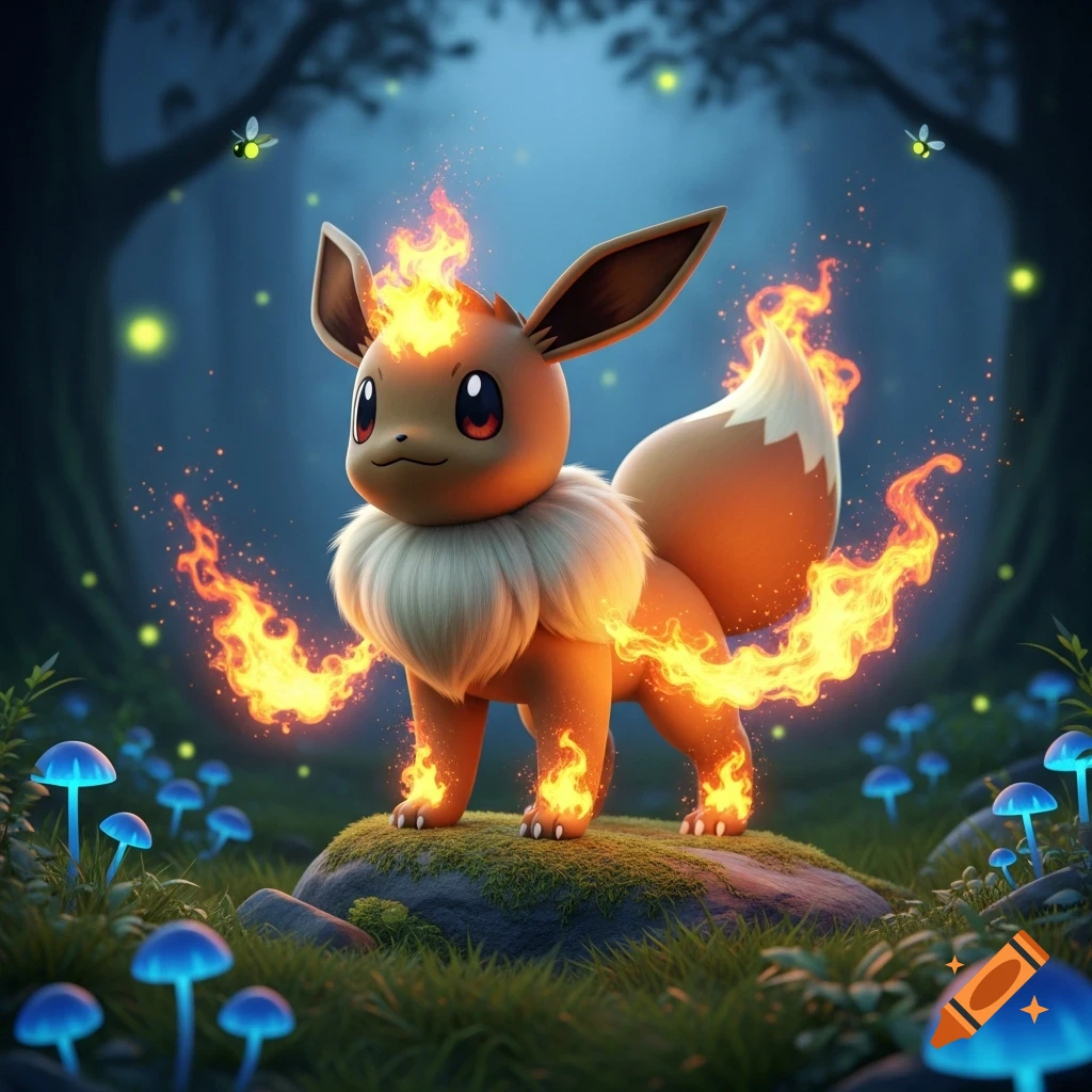 A 3D stylized Eevee-like Pokémon, encircled by orange flames, stands on a mossy rock in a dark, glowing forest with blue mushrooms.