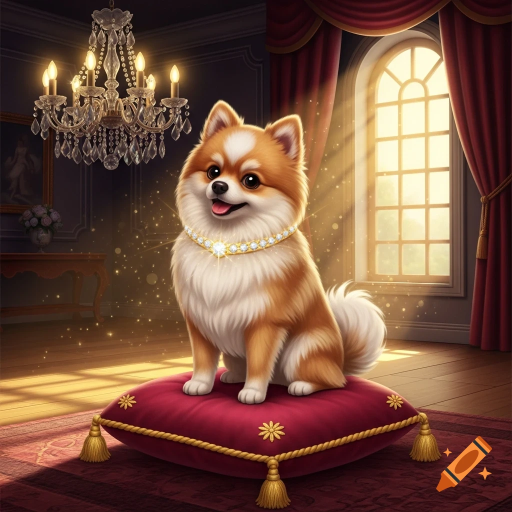 A fluffy brown and white dog wearing a diamond collar sits on a red velvet cushion in a luxurious room with a chandelier.