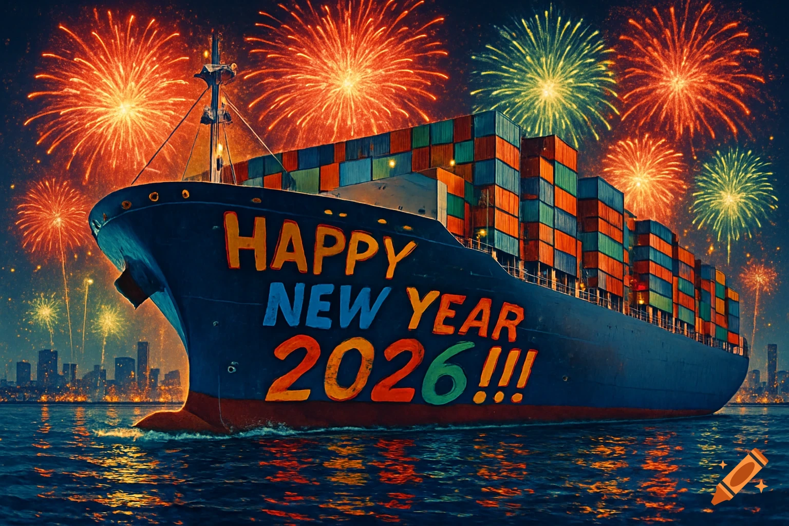 A container ship adorned with 'HAPPY NEW YEAR 2026!!!' sails on water under a sky filled with colorful fireworks and a city skyline.