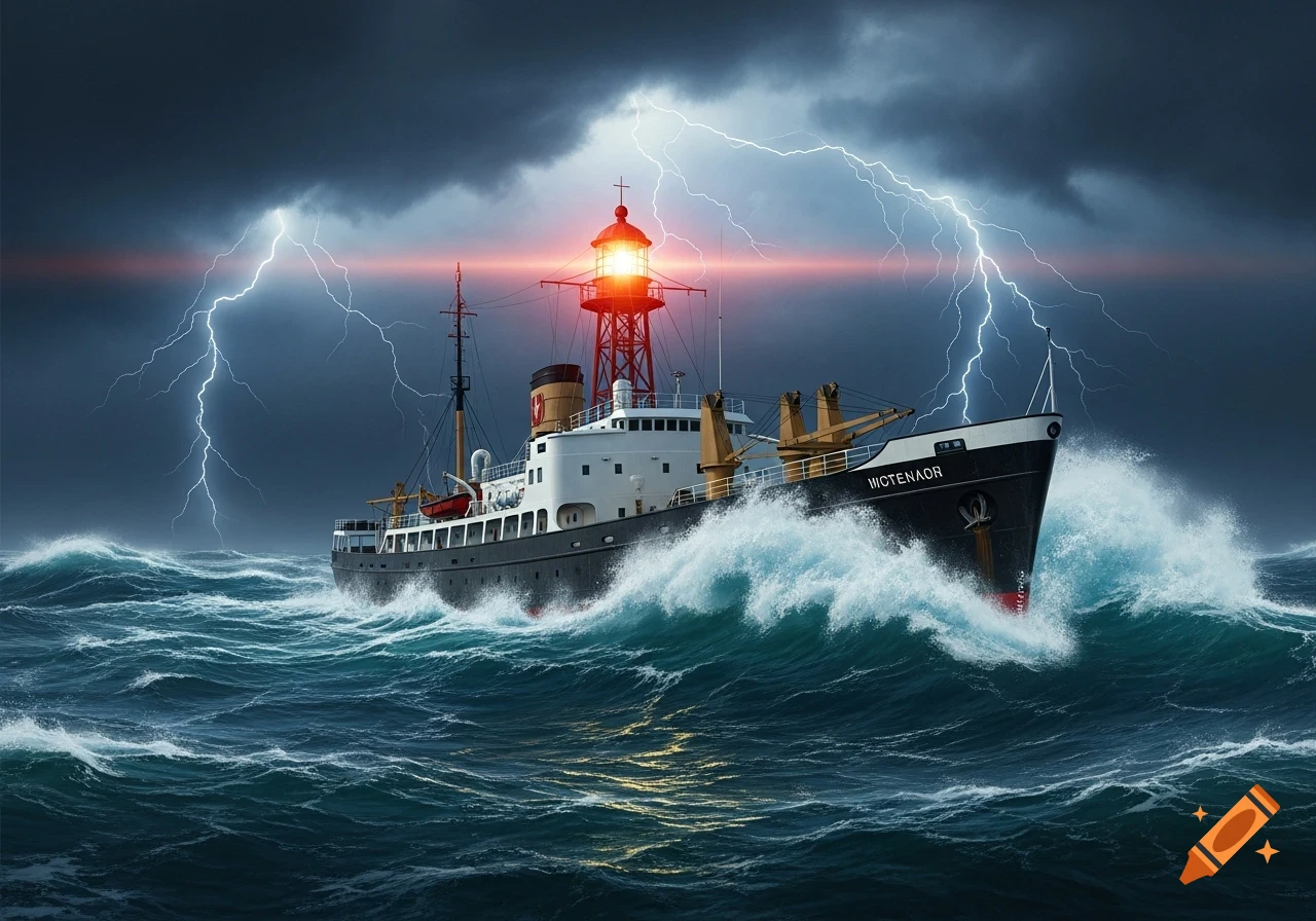 A lightship with a red lighthouse tower navigates a rough, stormy sea with large waves and bright lightning strikes in a dark sky.