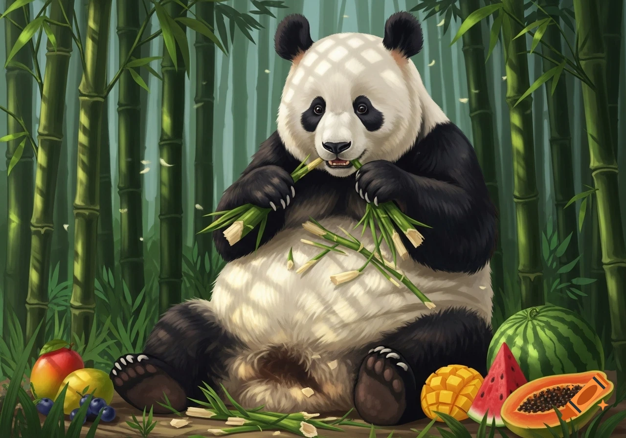 An illustrated panda sits in a bamboo forest, munching on bamboo shoots with various fruits scattered around it.