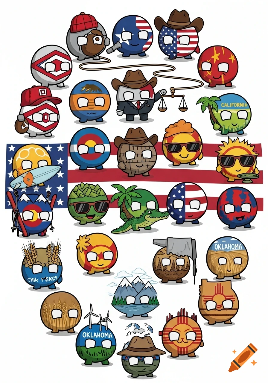 A collage of round cartoon characters, known as countryballs, each representing a U.S. state or a related concept with flags and symbols.