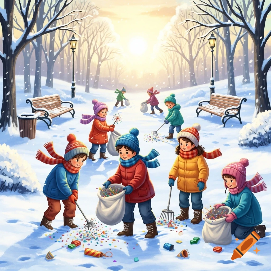 Colorful illustration of children in winter clothes cleaning up colorful confetti and trash in a snowy park.