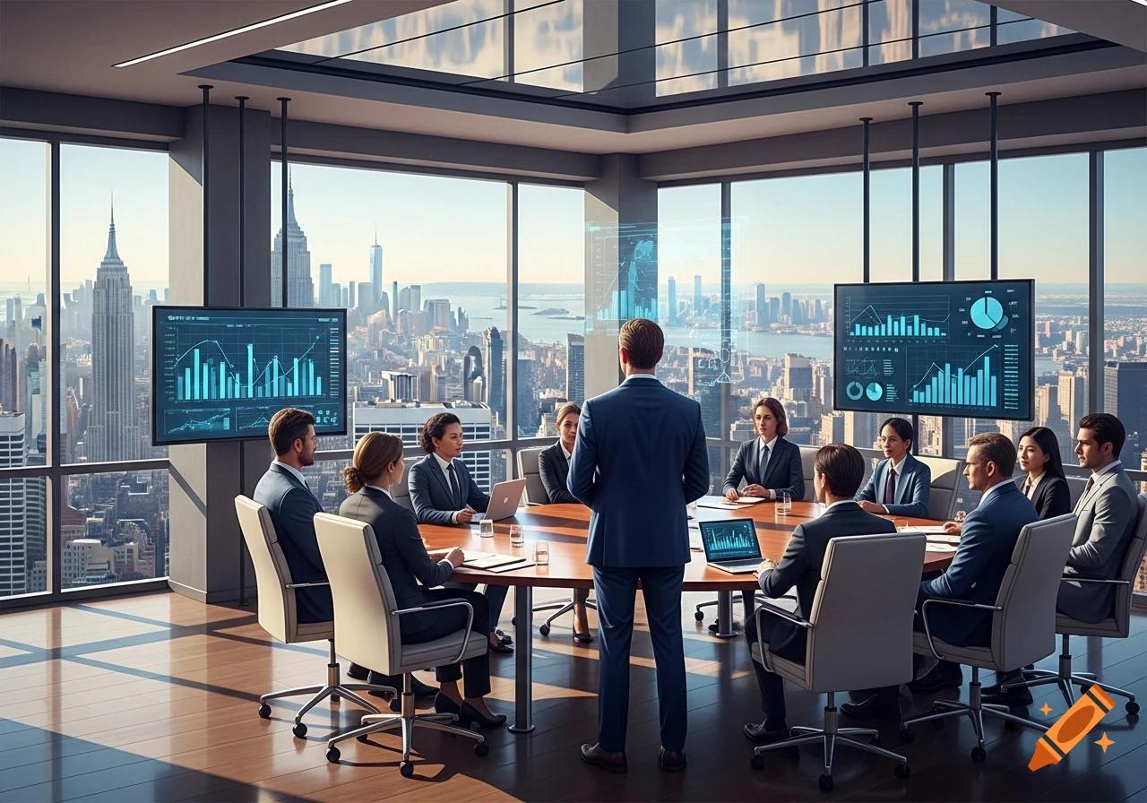A photorealistic image of a CEO leading a board meeting in a high-rise office overlooking the New York City skyline.