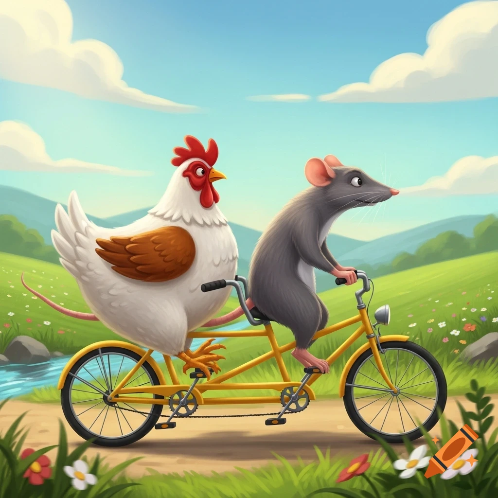 A cartoon chicken and a rat ride a yellow tandem bicycle through a sunny, green, hilly landscape with a stream.