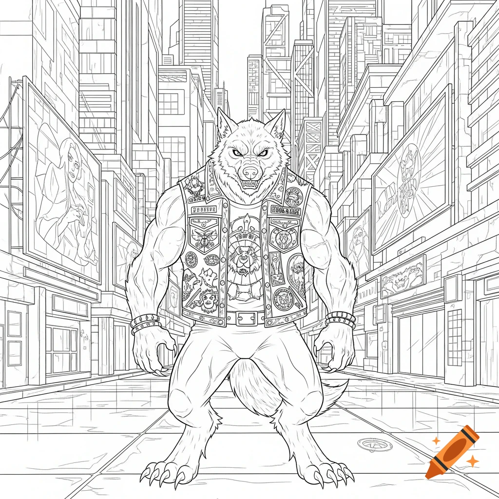 Line art drawing of a muscular werewolf in a studded biker vest, standing in a futuristic city street.