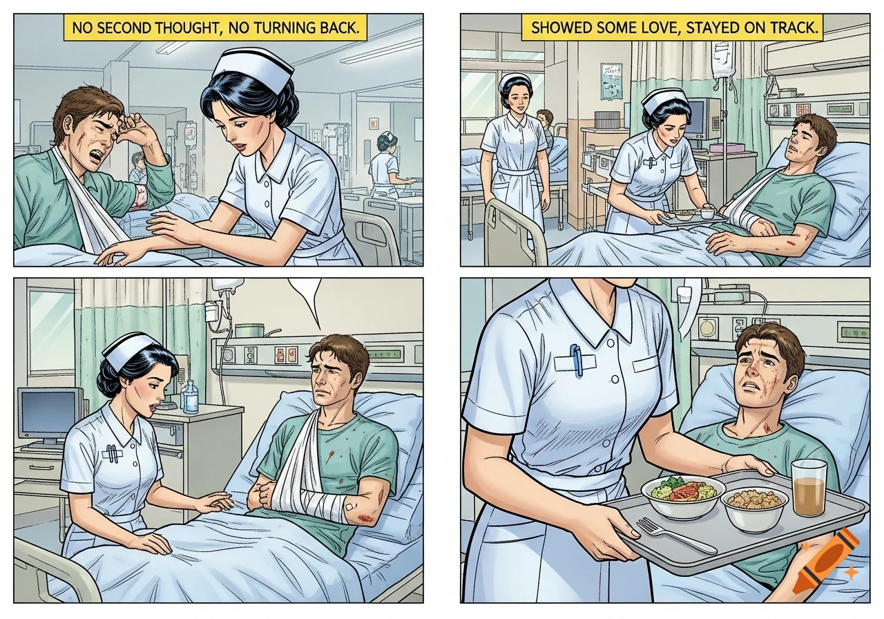 A comic book shows a nurse caring for an injured man in a hospital, bringing him food. Text reads: No second thought, no turning back. Showed some love, stayed on track.