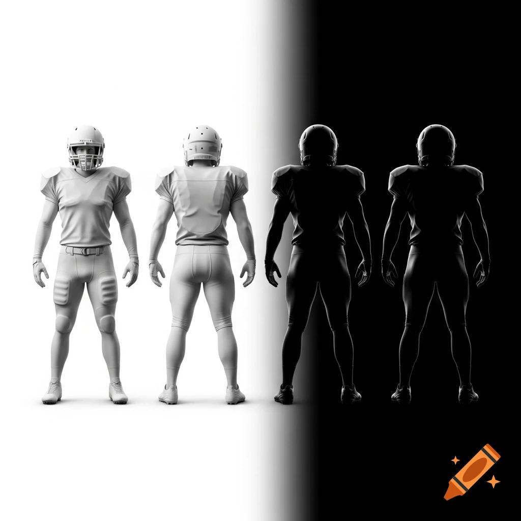 Four American football players in a split black and white studio shot. Two players in white uniforms, one facing forward and one rearward, and two players in black silhouettes, one facing forward and one rearward.