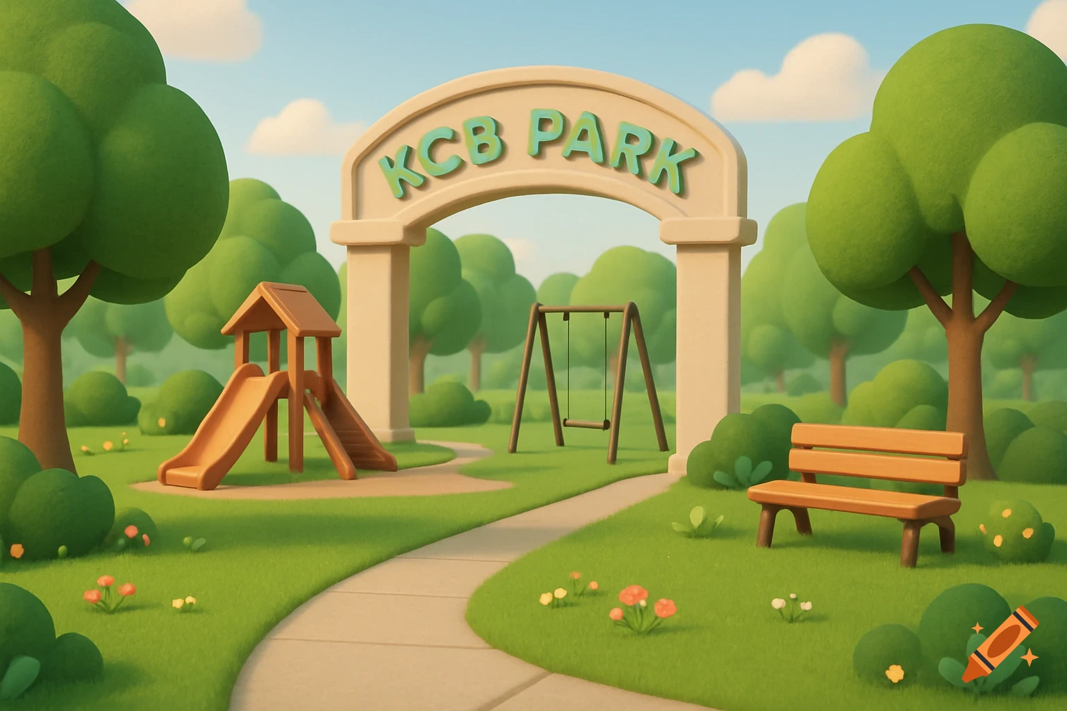 A colorful 3D cartoon of a neighborhood park entrance with a sign reading 'KCB PARK', a slide, swing set, and a bench.