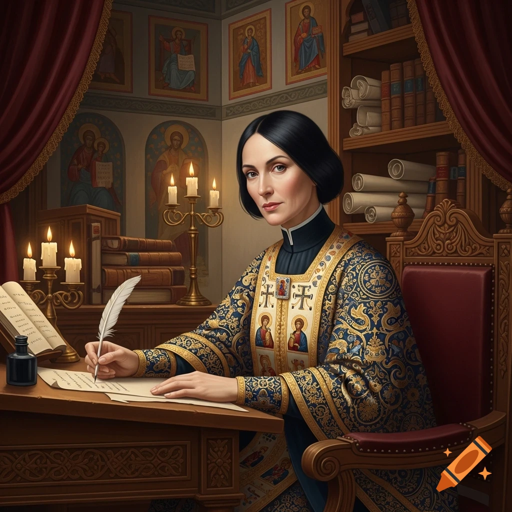 A woman with dark hair in ornate Byzantine-style clerical robes writes with a quill at a wooden desk, surrounded by candles, books, and religious icons in a Renaissance painting.