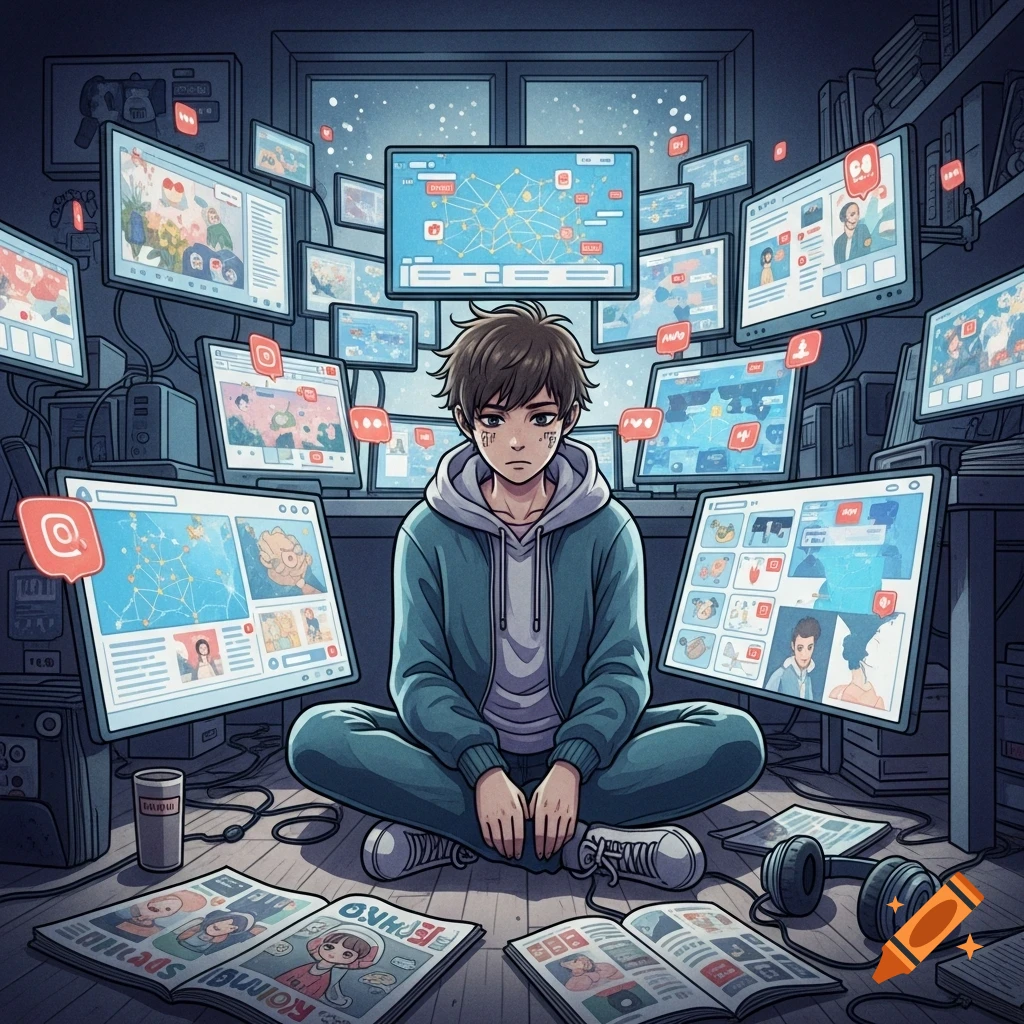 An anime-style young person sits on the floor, surrounded by many glowing computer screens displaying social media feeds in a dark room.