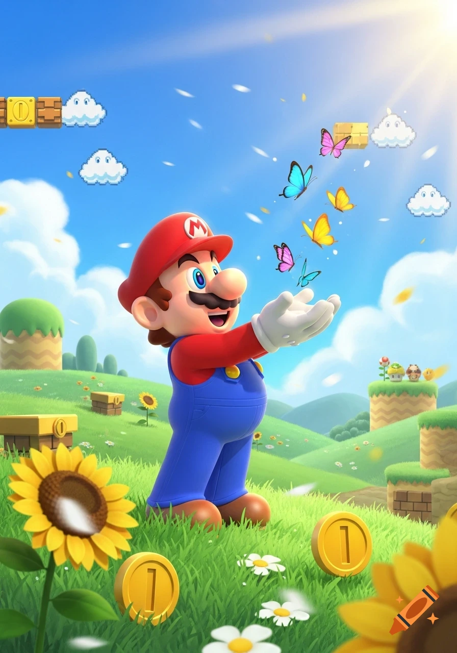 Mario stands in a vibrant green field with outstretched arms, watching colorful butterflies under a sunny blue sky with pixelated clouds and floating game blocks.