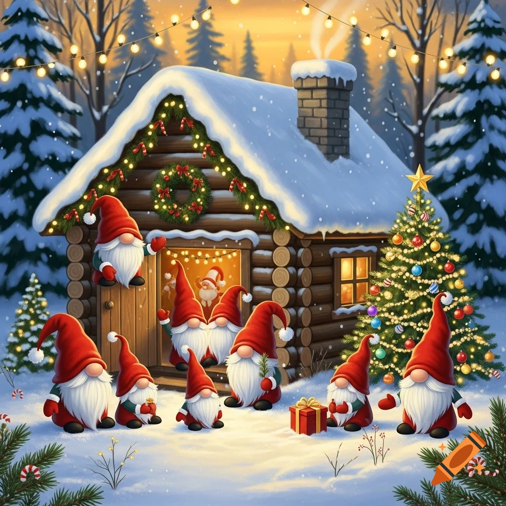A group of festive Christmas gnomes gather outside a snow-covered log cabin, adorned with lights and a wreath, next to a decorated Christmas tree in a winter forest.