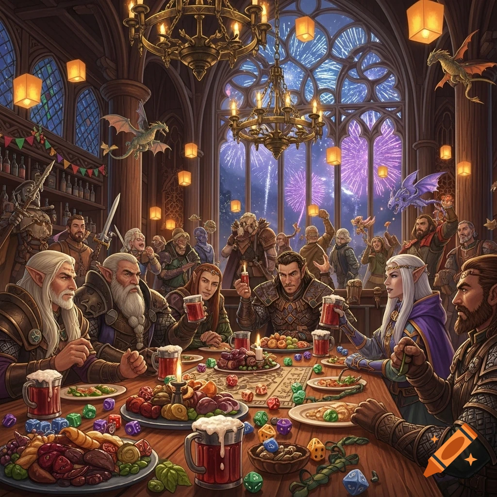 Fantasy characters, including elves and dwarves, feast at a long table in a tavern, with fireworks visible outside a large gothic window.