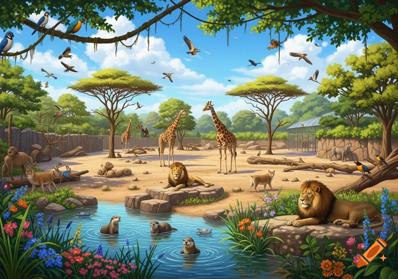 A colorful cartoon illustration of a bustling zoo scene with giraffes, lions, otters, and various birds in a savanna-like enclosure.