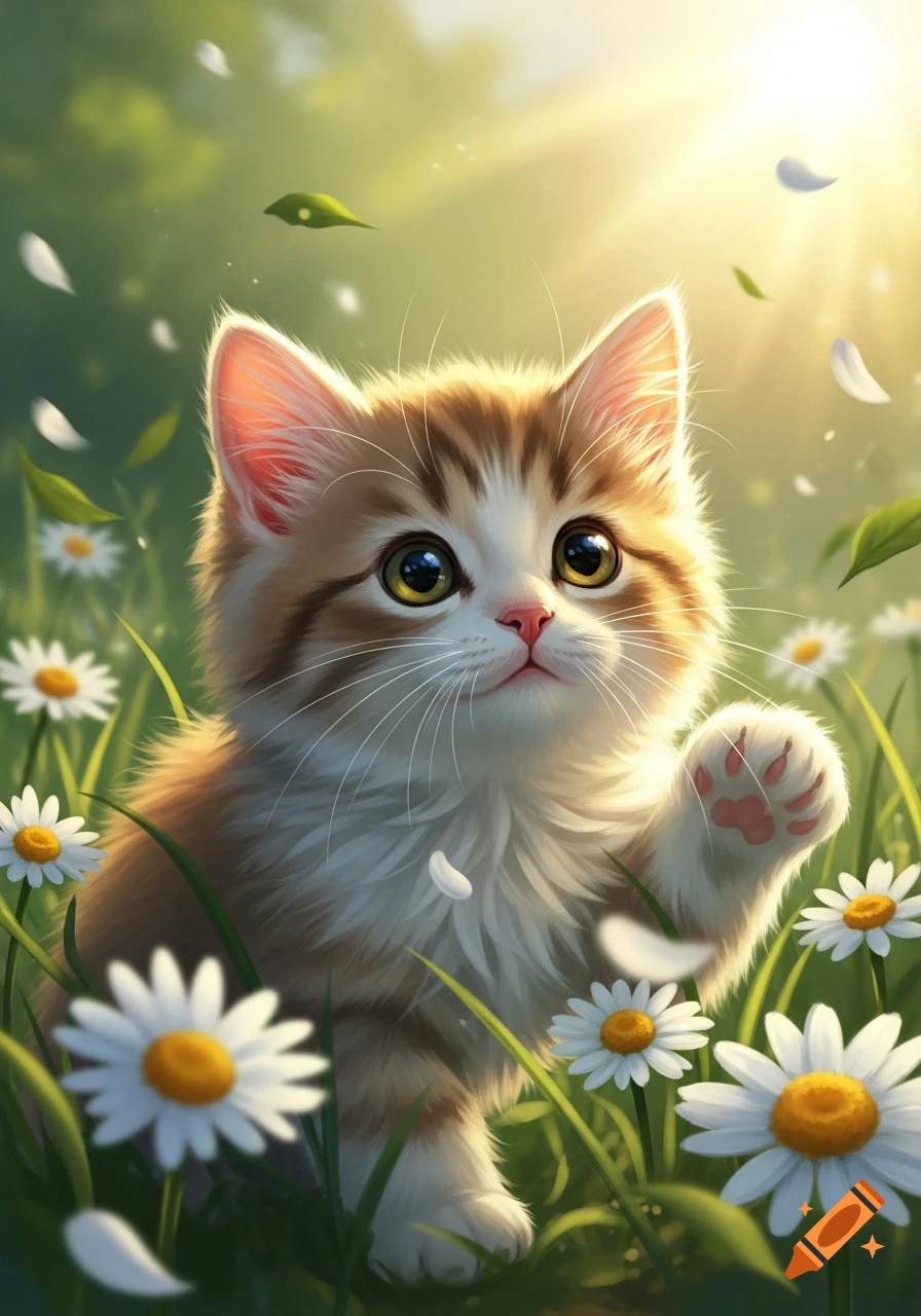 A fluffy orange and white kitten with big eyes sits in a sunny field of ...