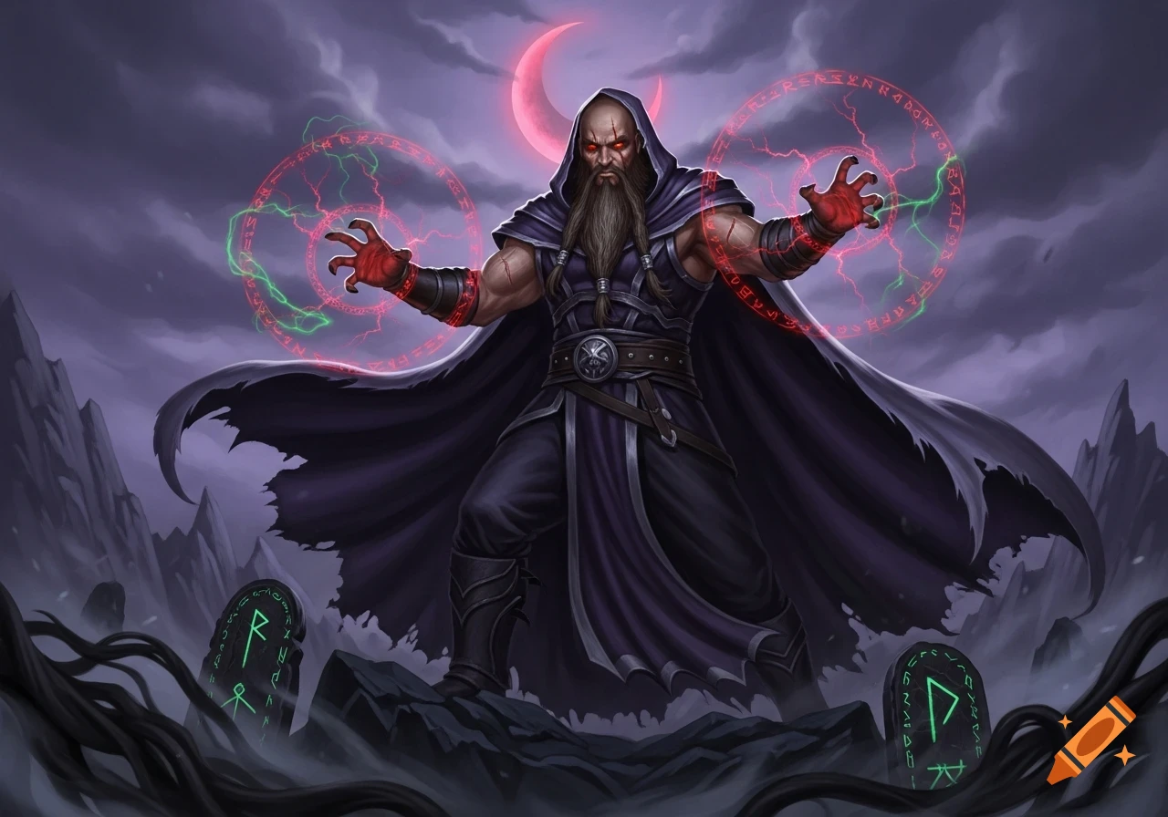 A powerful dark wizard with a long beard and hooded cloak casts a spell with glowing red eyes and hands, surrounded by runes.