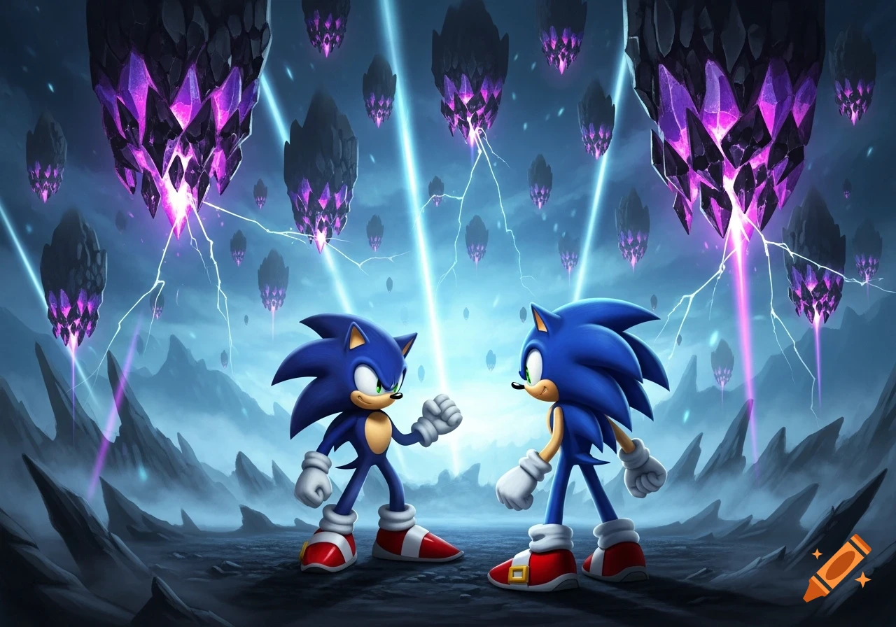 Two blue Sonic characters confront each other in a dark, alien landscape filled with floating dark purple crystals and lightning.
