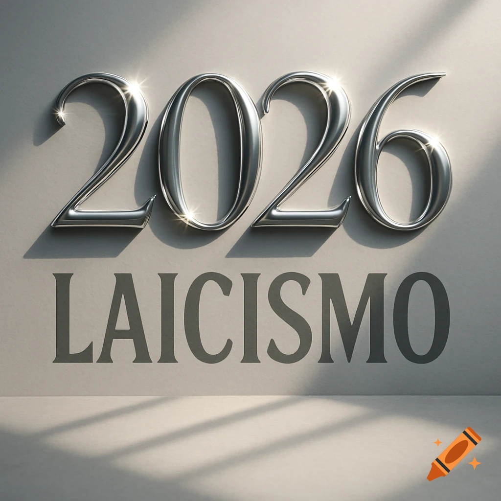 Elegant silver 3D numbers '2026' cast a shadow spelling 'LAICISMO' on a minimalist light gray surface.