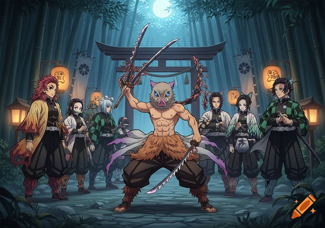 Anime Demon Slayer characters, including Inosuke with dual swords, pose in a bamboo forest at night under a torii gate.