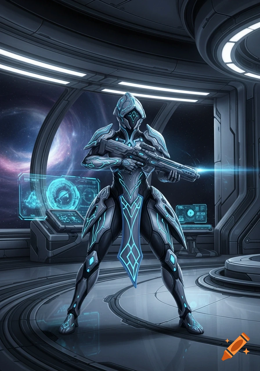 A futuristic armored character with glowing blue accents stands in a spaceship, holding a rifle with a laser sight.