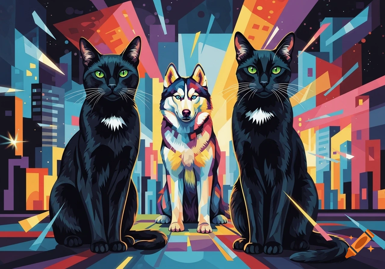 Two black cats with green eyes and a light-colored husky sit against a vibrant, cubist cityscape background.