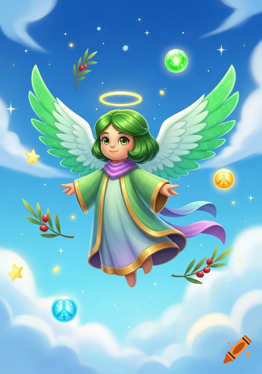 A cheerful cartoon angel with green hair and wings, wearing a green and purple robe, floats in a blue sky with clouds and stars, surrounded by olive branches and peace symbols.