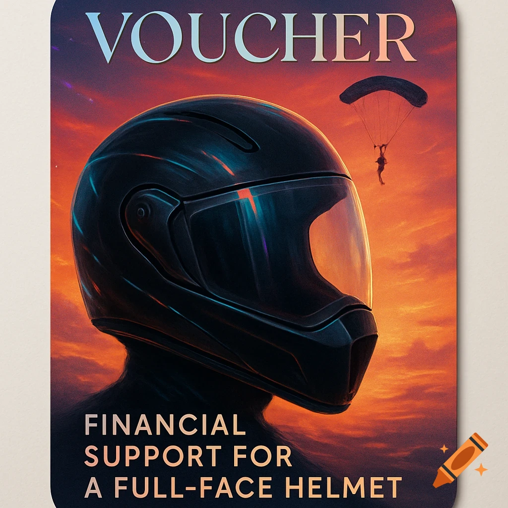 A voucher featuring a close-up of a black full-face helmet against a vibrant sunset sky, with a parachutist in the distance.