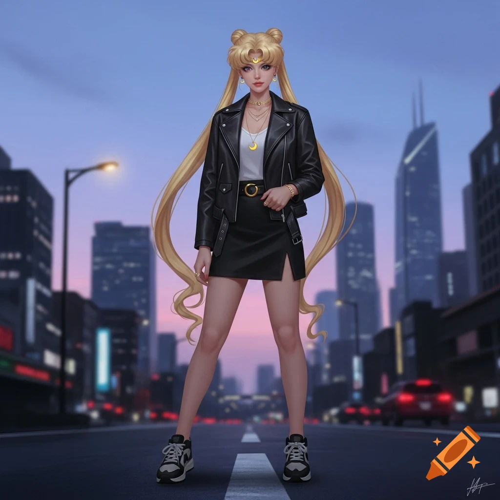 A realistic anime-style depiction of Sailor Moon in a black leather jacket, skirt, and sneakers, standing on a city street at dusk.
