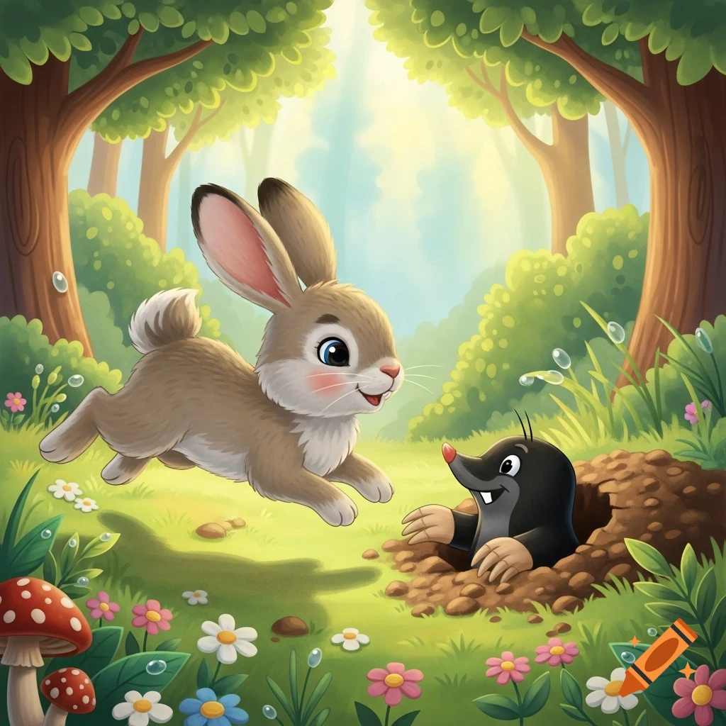 A happy cartoon rabbit jumps in a sunny forest, looking at a mole ...
