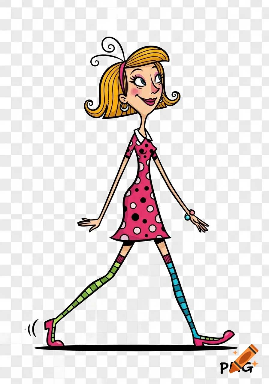A whimsical cartoon of a slim woman with blonde hair, wearing a pink polka-dot dress and striped socks, walking with a long stride.