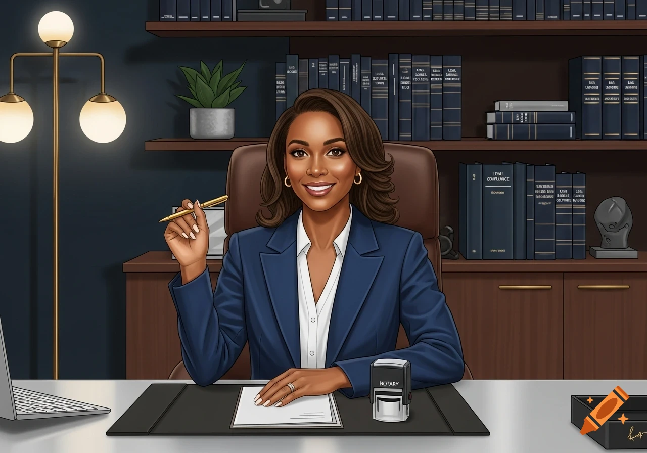 A stylized illustration of a smiling Black woman in a blue business suit, seated at an office desk with a notary stamp and books.