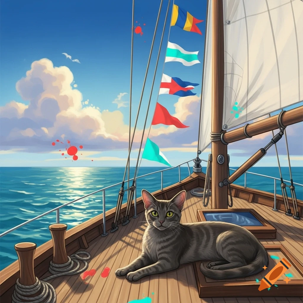 A gray tabby cat lies on a sailboat's wooden deck under a sunny blue sky with flags flying, in an illustrated style.
