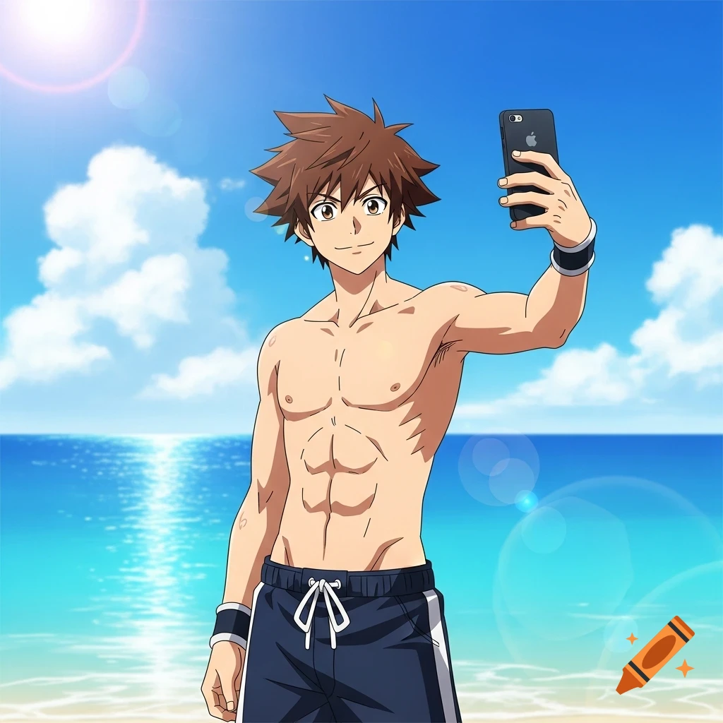 Anime male character with brown spiky hair, shirtless in swim shorts, taking a selfie on a sunny beach.