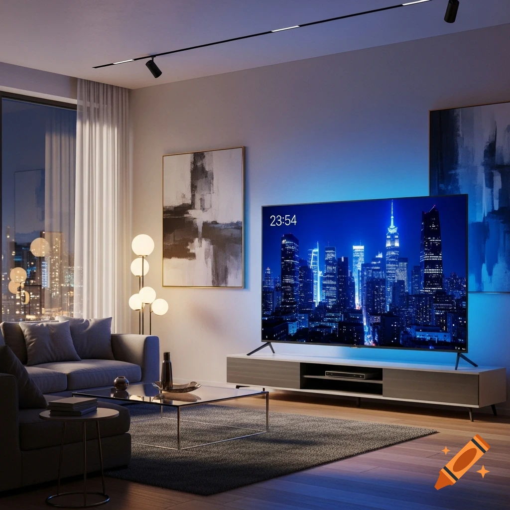 Modern living room at night with a large TV displaying a blue city skyline and the time 23:54, a grey sofa, and abstract art.