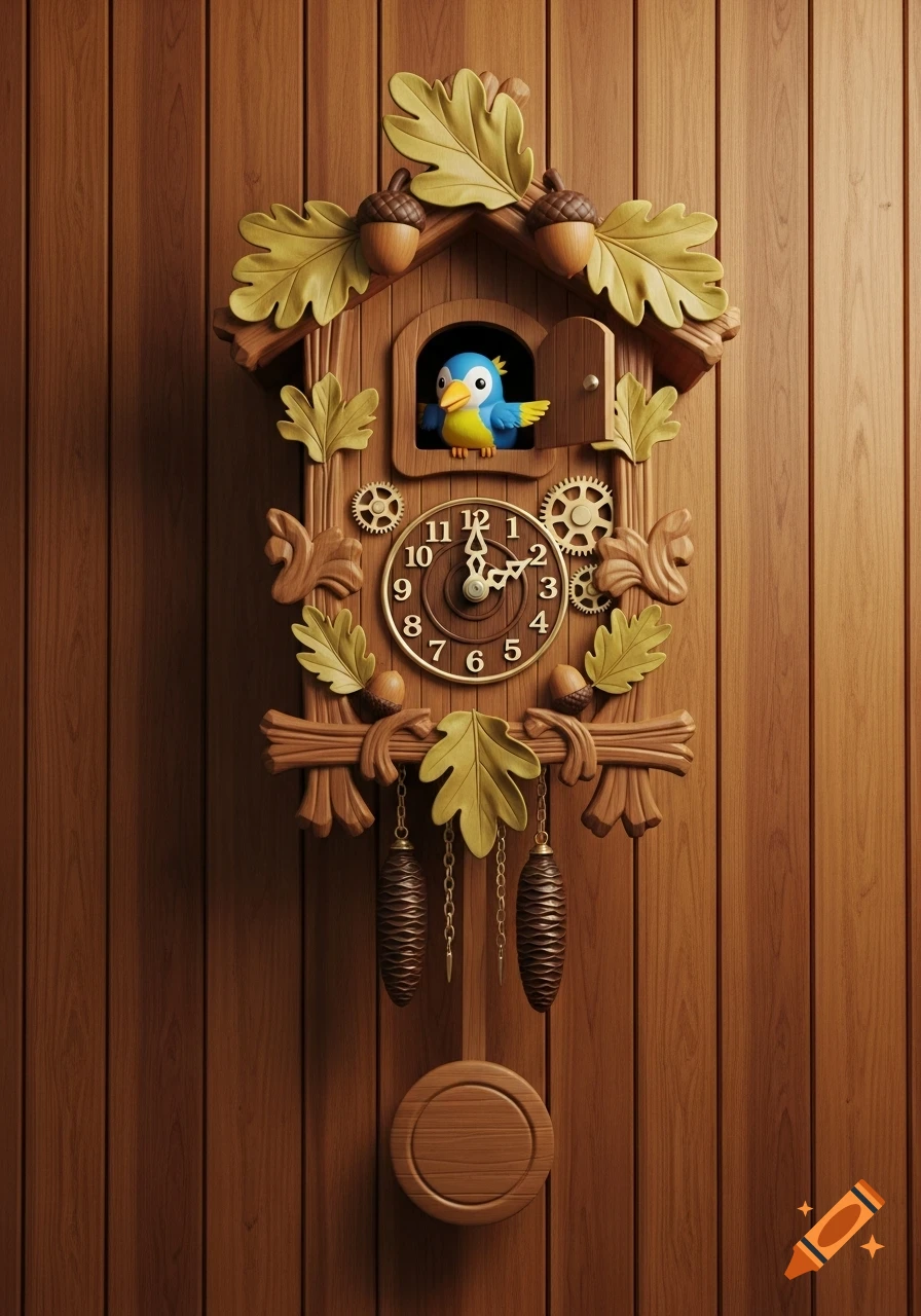A charming 3D anime style cuckoo clock featuring a blue bird emerging, adorned with oak leaves and acorns, hanging on a wooden wall.