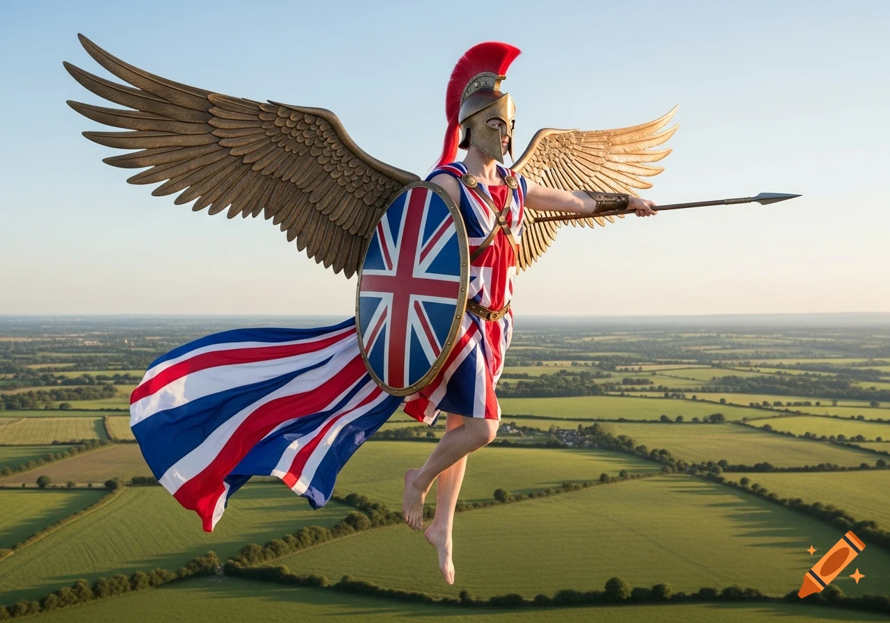 A winged figure in a Spartan helmet and a Union Jack robe and shield flies over the British countryside, holding a spear.